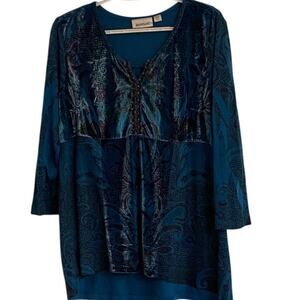 Avenue Size 14/16 Turquoise Top. Mixed Materials Velour & Knit Special Occasion